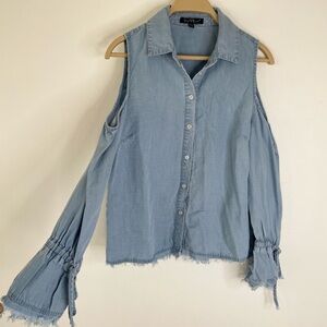 Light blue denim cold shoulder blouse with ruffled sleeves boho size XS